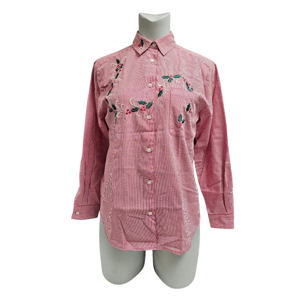 Karen Scott Christmas gingham embroidered shirt